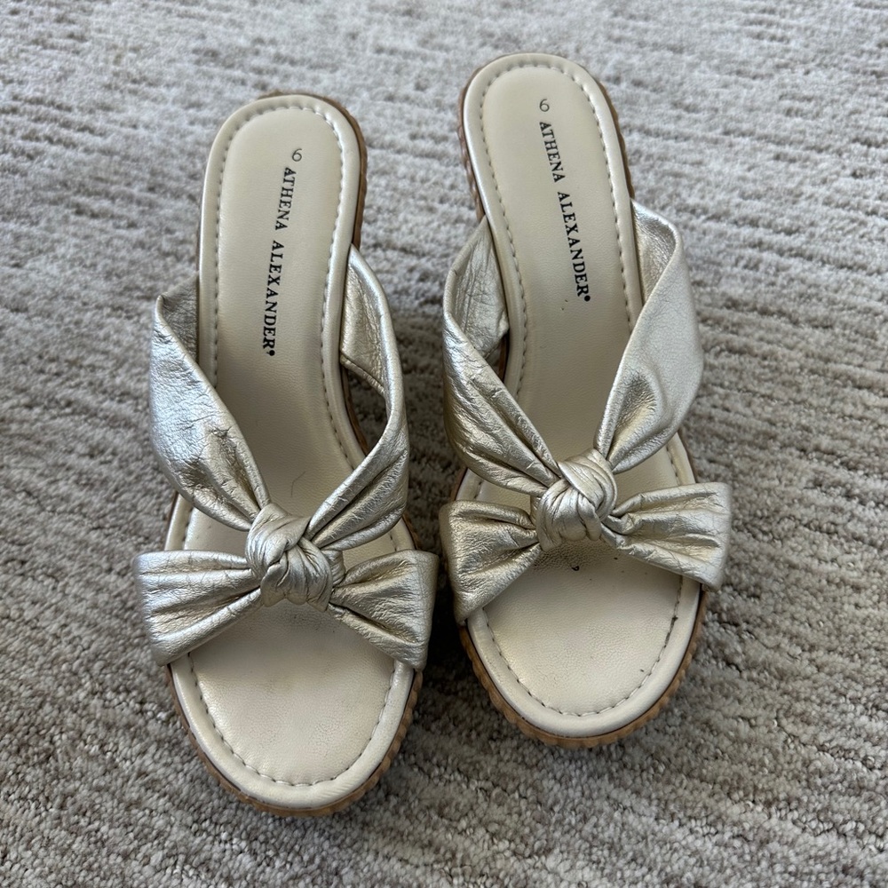 Athena Alexander Silver Wedge Sandals with Bow Detail